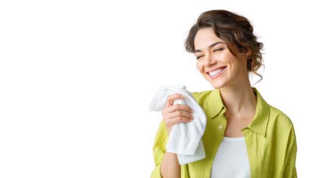 Smiling woman holding a towel, showcasing happiness and domestic life.