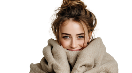 Smiling woman wrapped in a cozy blanket, showing comfort and warmth, isolated on a white background.