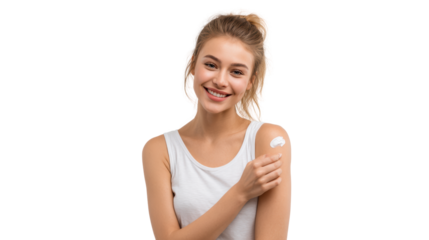 Smiling young woman applying cream on her shoulder, isolated on white background.