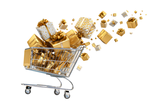 A shopping cart filled with gifts, adorned with golden ribbons and glittering stars against a white background