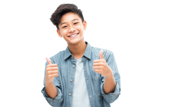 Smiling young boy giving thumbs up, casual attire, isolated on white background.