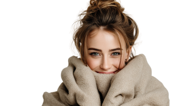 Smiling woman wrapped in a cozy blanket, showing comfort and warmth, isolated on a white background.