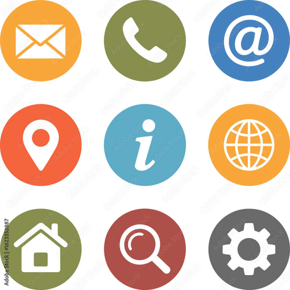 Poster collection of nine colorful circular icons representing common contact and information symbols