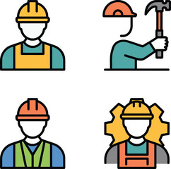 Diverse construction workers and tools icon set