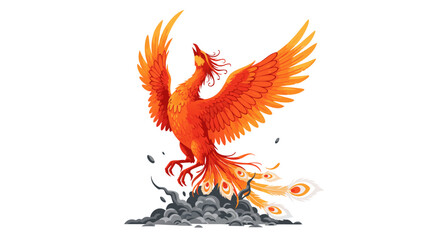 Vibrant Phoenix Ascending from Ashes, Symbolizing Rebirth and Transformation in Fiery Colors on White Depiction