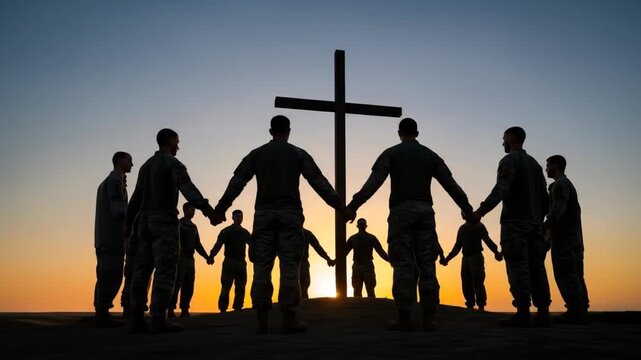 Soldiers Praying at Sunset - Silhouetted soldiers stand in a circle, holding hands in prayer around a large wooden cross at sunset. The peaceful scene evokes themes of faith, camaraderie, and hope.