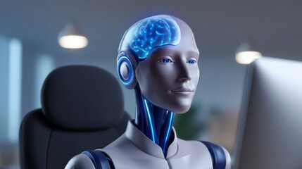 Robot with Visible Brain Sitting Office Chair