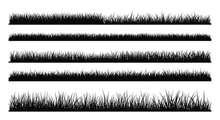 Five detailed black silhouette border designs of grassy fields against a white background