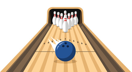 Dynamic Bowling Action: Vector Illustration of a Blue Bowling Ball Aiming for the Pins on a Wooden Lane