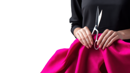Woman cutting pink fabric with scissors, white isolate background.