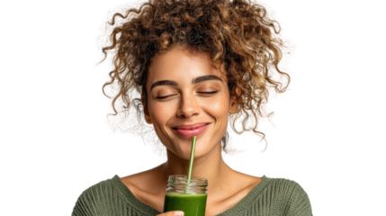 Woman enjoying smoothie, smiling with eyes closed, healthy lifestyle, green juice in glass, white isolate background.