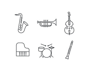 simple outline stroke icon items monoline icons style isolated on white background jazz (instruments): saxophone trumpet upright bass piano drums clarinet