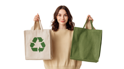 Woman holding eco-friendly bags promoting sustainability and recycling with a cheerful smile.