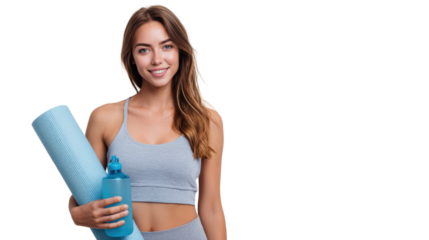 Woman holding yoga mat and water bottle, smiling, fitness concept, white isolate background