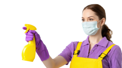 Woman in protective gear holding a cleaning spray, isolated on white background.