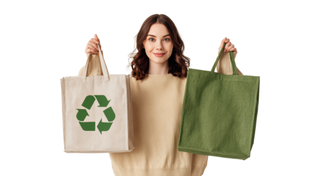 Woman holding eco-friendly bags promoting sustainability and recycling with a cheerful smile.
