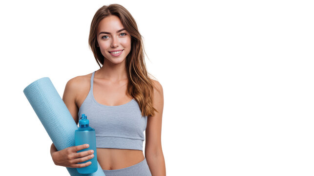 Woman holding yoga mat and water bottle, smiling, fitness concept, white isolate background