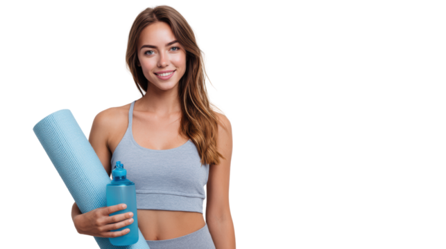 Woman holding yoga mat and water bottle, smiling, fitness concept, white isolate background
