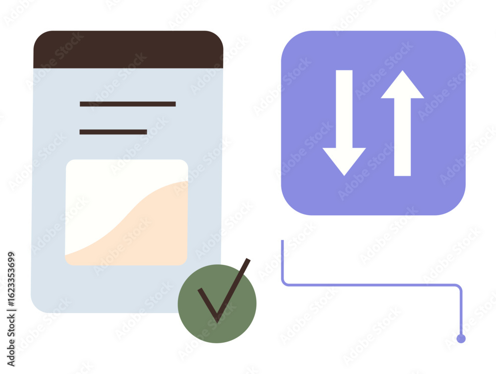 Poster analytics screen with trend graph, upward-downward arrows, and green checkmark. ideal for data proce