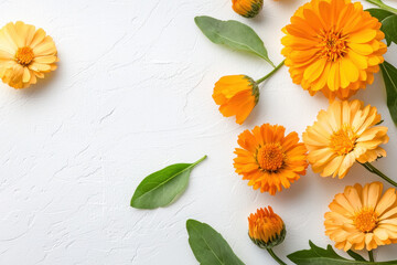 Bright orange flowers with green leaves arranged on textured white background create cheerful and vibrant atmosphere