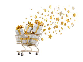  A shopping cart filled with gifts, adorned with golden ribbons and glittering stars against a white background  