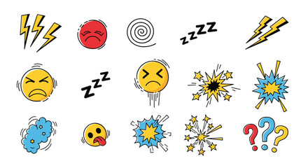 Collection of angry emotion symbols and comic book sound effects for expressing frustration and aggravation
