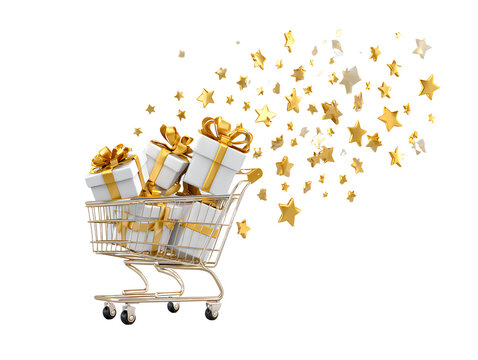  A shopping cart filled with gifts, adorned with golden ribbons and glittering stars against a white background  