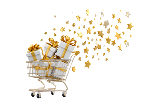 A shopping cart filled with gifts, adorned with golden ribbons and glittering stars against a white background