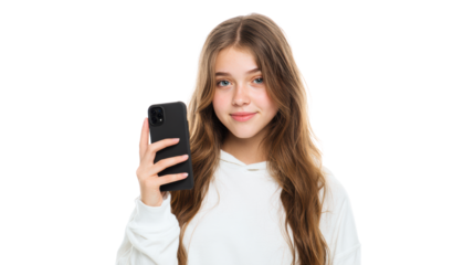 Young girl holding smartphone, smiling at camera, white isolate background.
