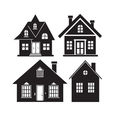 Vector art of set of four different house silhouettes with various architectural styles, isolated on white background