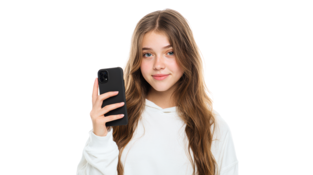 Young girl holding smartphone, smiling at camera, white isolate background.