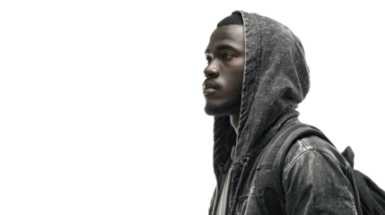 Young man in a hooded sweatshirt, focused expression, isolated on a white background.