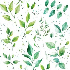 Fototapeta premium Watercolor illustration of various green leaves and branches on a white background