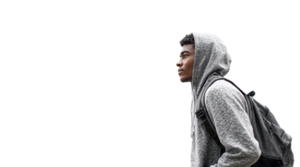 Young man wearing hoodie and backpack, looking thoughtfully to the side against a white isolated background.