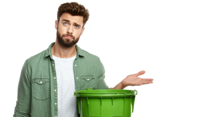 Young man with a puzzled expression standing beside a green recycling bin, isolated on a white background.