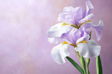 Watercolor botanical illustration of elegant iris flowers with soft purple petals and vibrant yellow accents, evoking