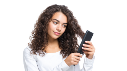 Young woman checking her reflection in a phone, white isolate background.