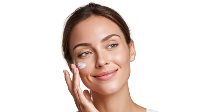 Young woman applying cream on her face, smiling, isolated on white background. - Powered by Adobe