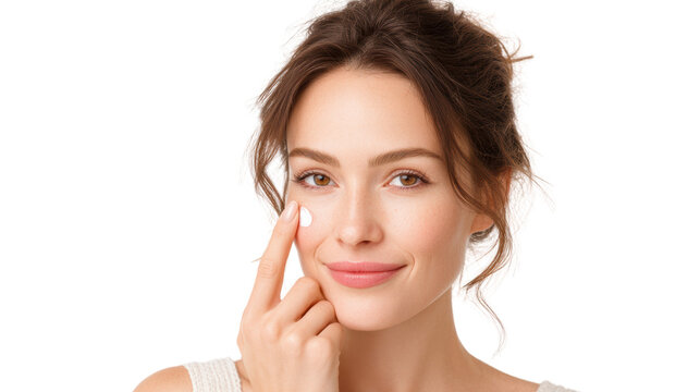 Young woman applying cream to her face, smiling happily, isolated on white background.