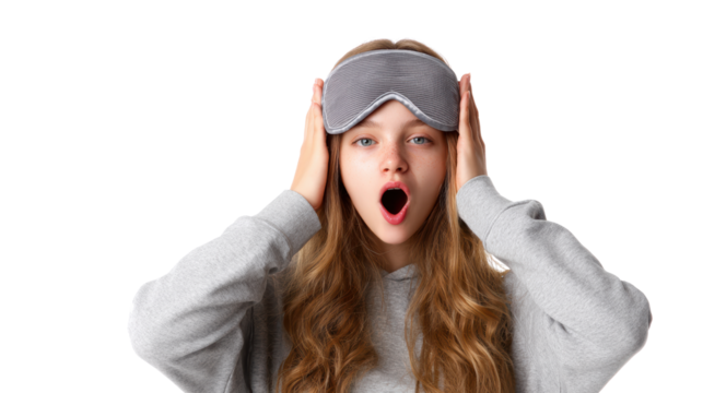 Young woman in a sleep mask, expressing surprise and yawning, isolated on a white background.