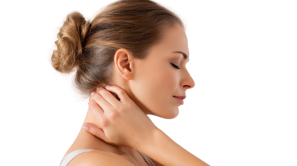 Young woman with a bun hairstyle, relaxing and touching her neck, isolated on white background.