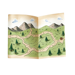 Detailed hiking map with winding paths, mountains, and trees evokes adventure and exploration