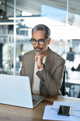 Busy mature businessman manager investor working on computer thinking analyzing financial data in...