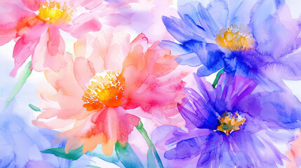 Watercolor floral illustration featuring vibrant pink, purple, and blue flowers with delicate petals and soft backgrounds