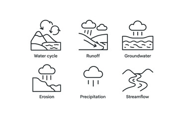 simple outline stroke icon items monoline icons style isolated on white background hydrologist (studies): water cycle runoff groundwater erosion precipitation streamflow