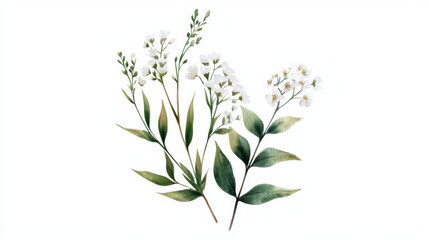 Watercolor botanical illustration of delicate white flowers and green leaves, showcasing natural beauty and elegance