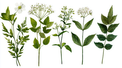 Watercolor botanical illustration of various green leaves and white flowers, showcasing nature beauty and diversity