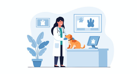 Fototapeta premium Veterinarian Examining a Cute Golden Dog in a Clinic for Pet Healthcare and Wellness Services Illustration