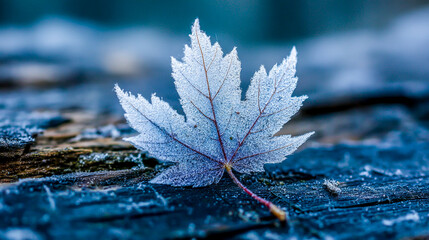 Icy Maple Leaf on Wood Beautiful Winter Scene Frost Covered Leaf Macro Photography Detailed Veins and Texture