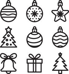 Vector art of christmas ornaments and trees isolated on white background.